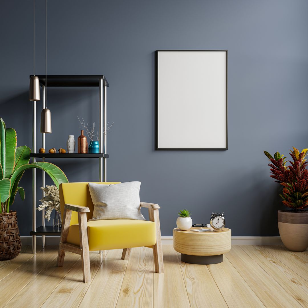 Mock up frame in modern living room interior design with blue empty wall.